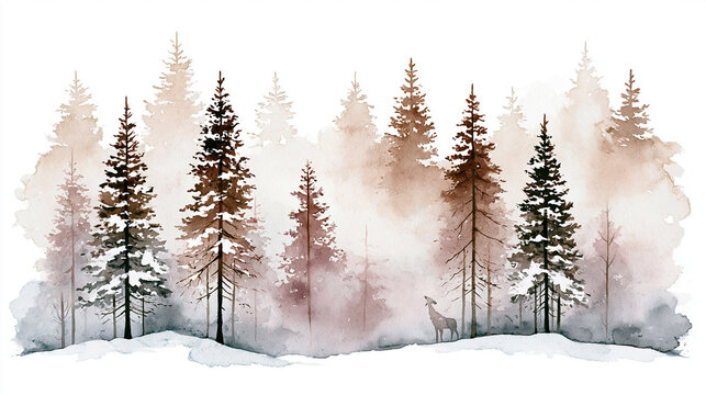 A serene watercolor forest scene with tall pine trees, soft mist, and a lone deer standing in the snowy landscape.