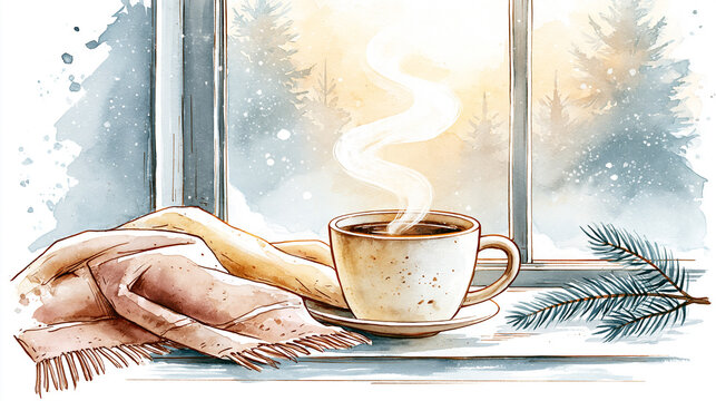 A steaming cup of coffee sits on a windowsill with a cozy blanket and pine branch, overlooking a snowy winter landscape.