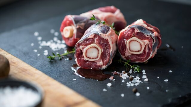Fresh veal marrow bones with salt and herbs on black slate surface