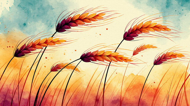 Artistic illustration of golden wheat stalks swaying against a colorful sky with warm hues of orange, red, and blue.