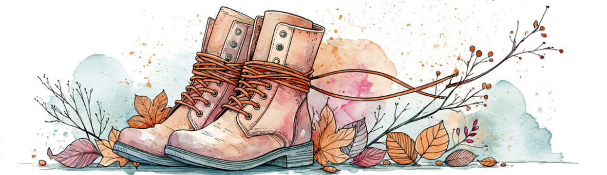 A watercolor illustration of vintage lace-up boots surrounded by autumn leaves and delicate branches with a soft, artistic background.