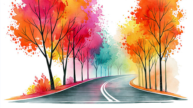 A vibrant watercolor painting of a winding road flanked by colorful autumn trees in shades of orange, red, and yellow.