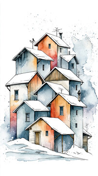 A watercolor illustration of a cluster of snow-covered houses with varied roofs and chimneys, set against a soft, snowy backdrop.