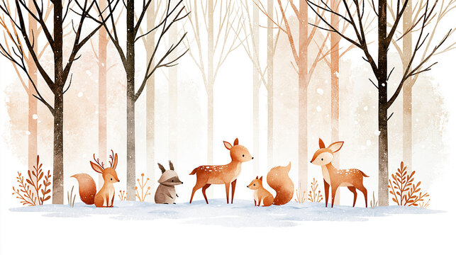 A serene winter forest scene featuring deer, a squirrel, and a raccoon among bare trees and light snow.