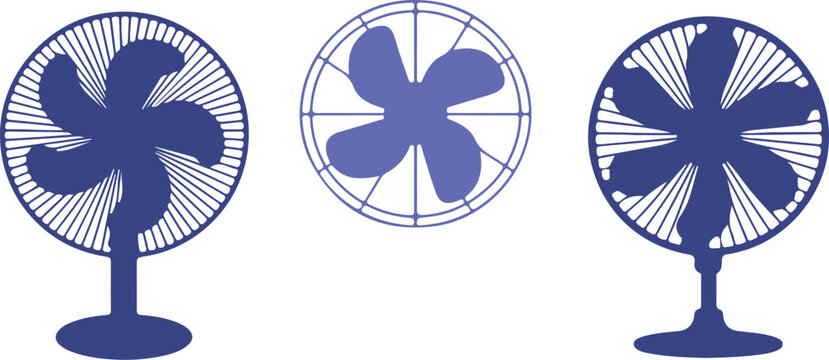 Three different styles of electric fan are shown, two of which are solid blue and one is a blue outline, all on transparent background.