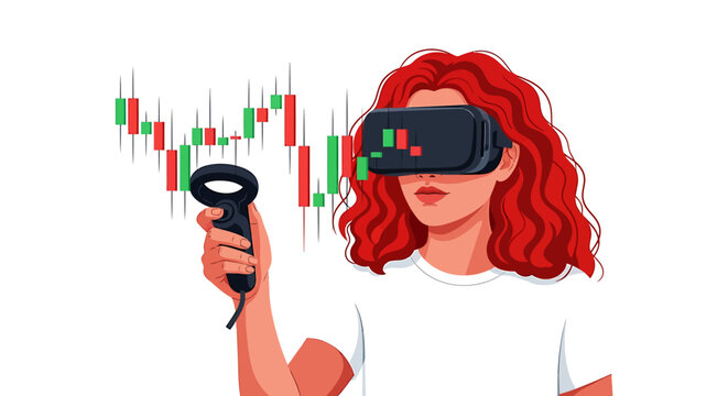 Female Analyst Manipulating 3D Candlestick with VR Controller