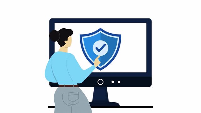 Animation of woman enabling cybersecurity protection. Person touching desktop monitor with blue shield and checkmark icon for data safety, privacy, secure system and internet trust concept.