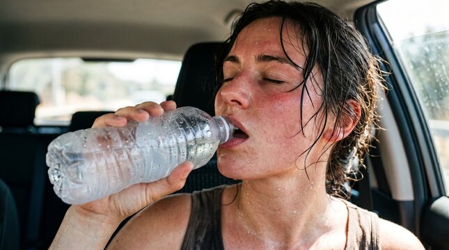  Exhausted sweating woman drinking water from a bottle inside a hot car during an extreme summer heatwave.