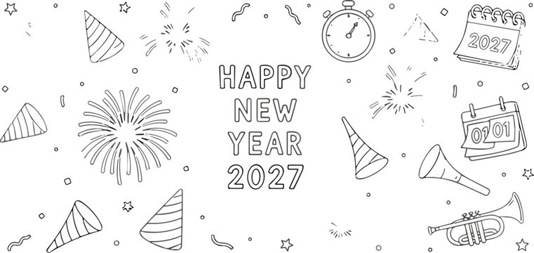 Happy New Year 2027 celebration with party hats and fireworks and no people