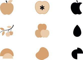 Fototapeta premium PrintMinimalist Apple Vector Icon Set Featuring Silhouette and Neutral Tone Designs of Whole Fruit Cross Section Bitten Slice Seed and Tree Branch Elements