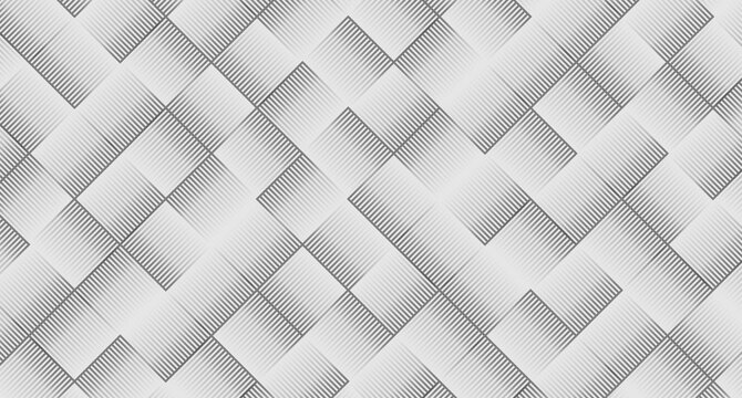 A monochrome geometric pattern of interlocking rectangles with gradient shading creating a woven 3D texture.