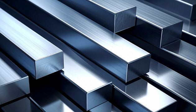 Close-up view showing rows of polished rectangular steel bars arranged in parallel, highlighting the reflective brushed metal texture and industrial aesthetic of construction materials.