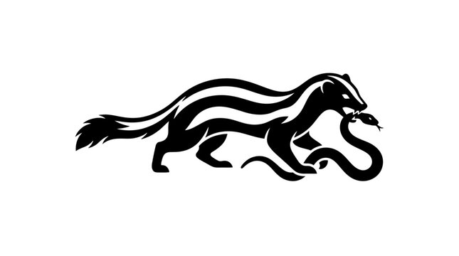 Stylized black and white silhouette of a dog chasing a snake