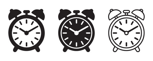 Fototapeta premium Icon set of vintage style alarm clocks featuring round clock faces with distinct hand positions and shapes.