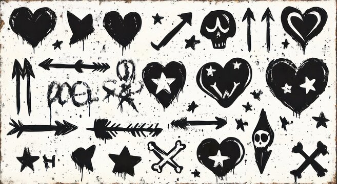 grungy hand-drawn black hearts, arrows, stars, skulls, crossbones and dagger icons on a distressed white background, edgy and rebellious mood