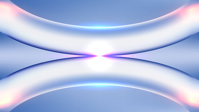Futuristic abstract background with blue and pink curved structures and bright glowing central energy source