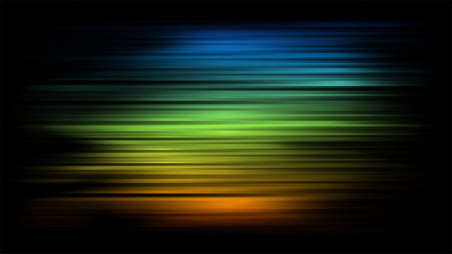 Horizontal light trails and motion blur streaks background featuring colorful gradient neon spectrum from blue to orange on dark backdrop, modern technology concept