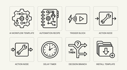 Fototapeta premium Workflow automation design collection featuring ai templates recipe steps trigger blocks action nodes delay timers decision paths and template installation icons for process management systems.