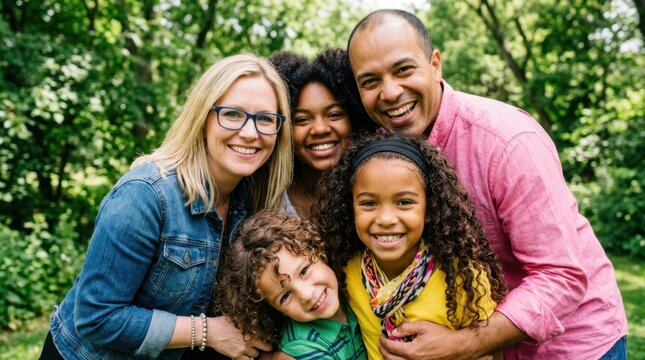 Joyful multiracial family portrait smiling together outdoors in lush green nature on a sunny day