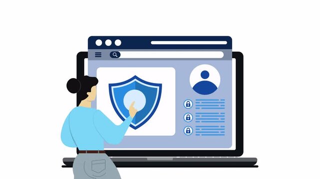 Animation of woman securing online account. Person touching laptop screen with shield, checkmark and lock icons for cybersecurity, data protection, privacy and safe internet concept.