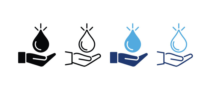 Water Drop with Hand Silhouette and Line Icon Set. Charity, Care, Save Ecology, Volunteering, Donate Symbol Collection. Save Water and Help for Poor and Homeless Icon. Isolated Vector Illustration.