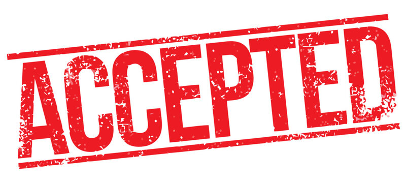 Red weathered rubber stamp featuring the word Accepted for business approval and verification documents