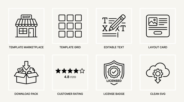 Template marketplace shop building with awning and window, template grid with squares, editable text with pencil and writing tools, layout card with photo and text fields, download pack box.