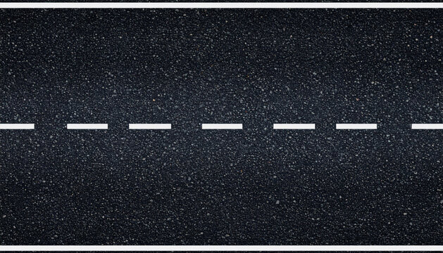 A top-down view of a textured dark asphalt road surface featuring clean white horizontal lane markings that divide the path, ideal for transportation backgrounds, travel concepts, or design