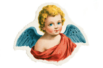 Naklejka premium Vintage illustration of cherub with blue wings wearing red robe draped over the shoulders