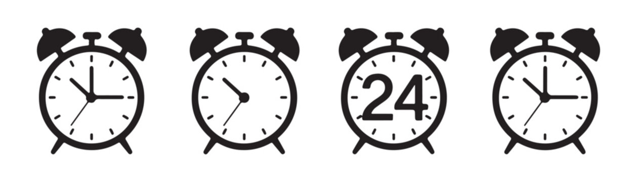 Set of black alarm clock icons featuring various hour hand positions and twenty four hour sign layout.