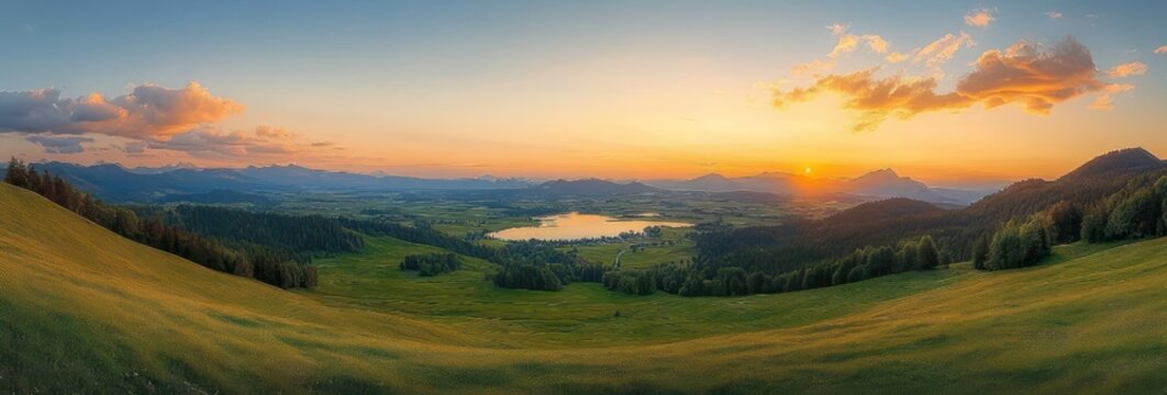 Serene sunset casting warm golden light over rolling green hills, a reflective lake, scattered trees and distant mountains beneath glowing clouds