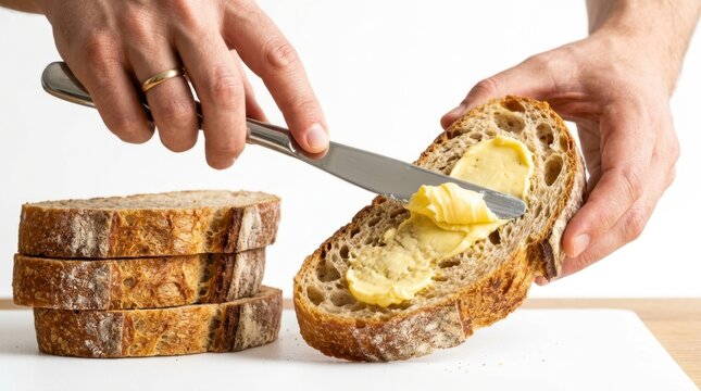 Male hands spreading creamy organic yellow butter on a thick slice of crusty sourdough toast with a silver knife