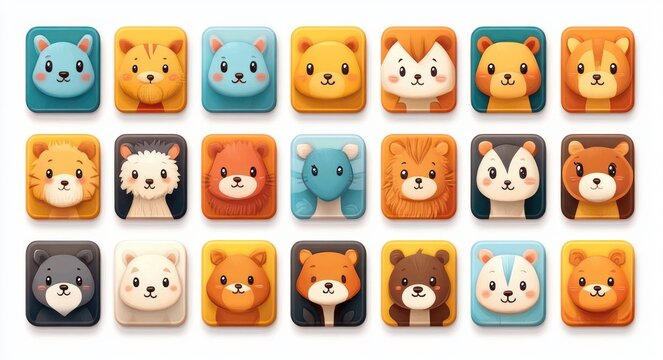 24 colorful rounded square tiles arranged in a 4x6 grid each featuring a cute cartoon animal face with cheerful playful expressions