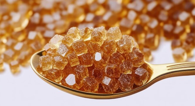 close-up of amber rock sugar crystals piled on a golden spoon, sparkling and inviting sweetness