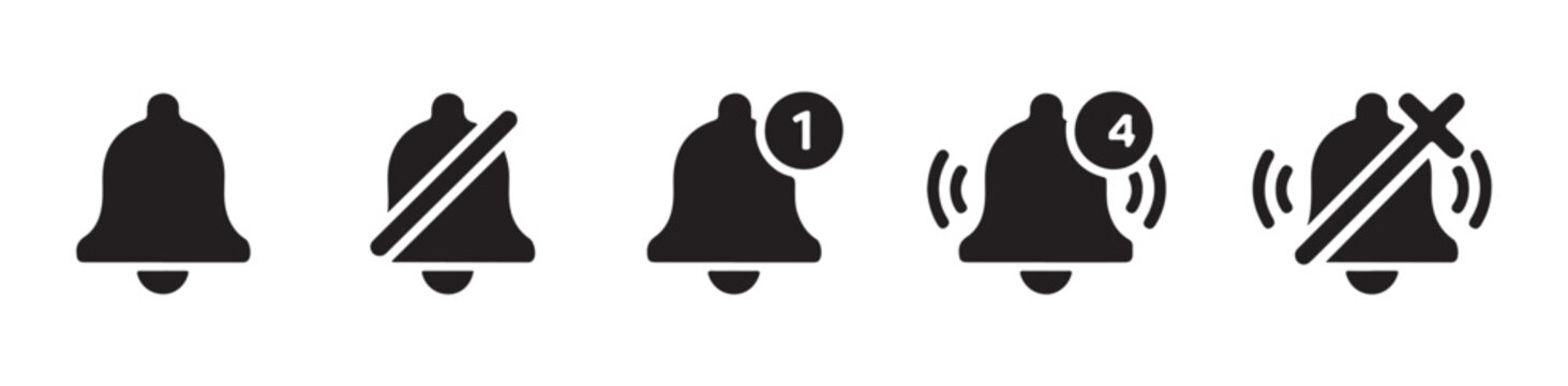 Collection of bell notification icons with mute status or new message count on transparent background.