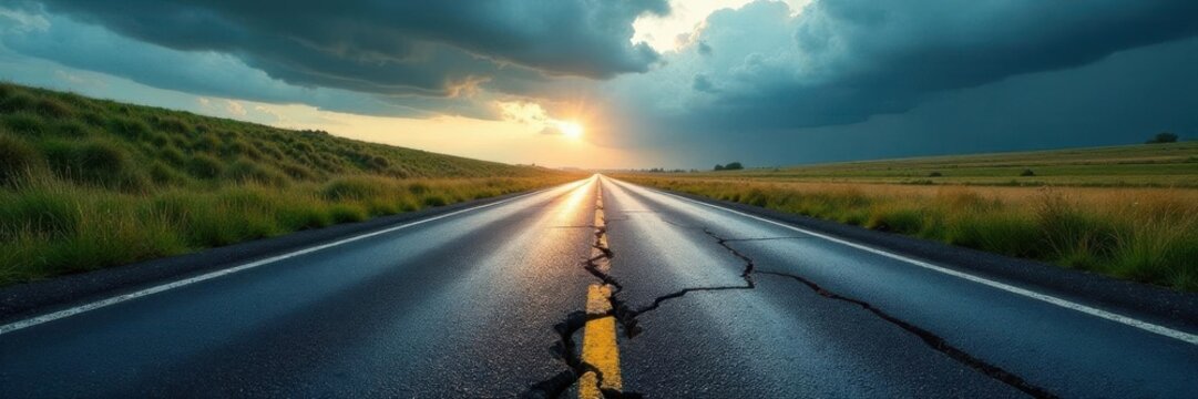 Crumbling asphalt road, deep potholes, stormy sky , decay, asphalt, hardship