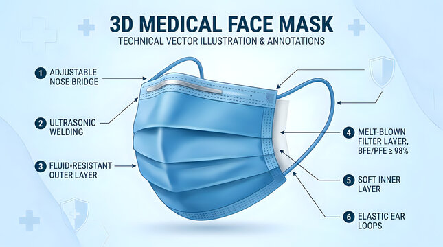 3D medical face mask with adjustable nose bridge and elastic ear loops for secure fit and protection