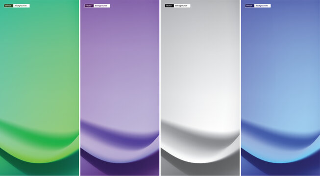 A set of four vibrant, minimalist abstract backgrounds featuring smooth, flowing 3D waves in green, purple, light gray, and blue color gradients.