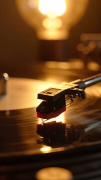 The Beauty of Music: Captivating Close-Up of a Turntable Needle on a Spinning Vinyl Record Illuminated by Soft Warm Light