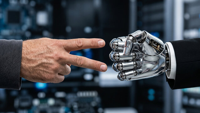 Extreme close-up of a human hand making scissors gesture losing to a futuristic chrome cyborg's rock fist gesture. Generative AI dominance and automated future of work concept