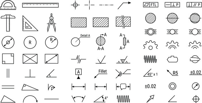 Engineering drafting line icon set, technical drawing blueprint symbols, geometry tools, and mechanical architecture minimal vector icons