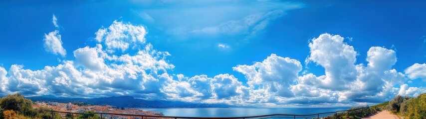Fototapeta premium Panoramic coastal town and calm blue sea under towering white cumulus clouds, terracotta rooftops and green vegetation along a sunlit shore, serene and expansive