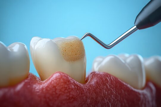 close-up of dental cleaning: sponge-like polishing tool gently cleaning a tooth at the gumline, clinical hygienic scene with healthy gums on soft blue background