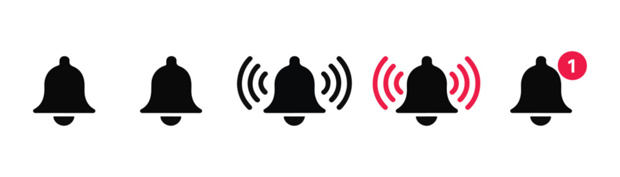 Set of black bell notification icons with sound wave effects and alert marker on a gray grid surface.