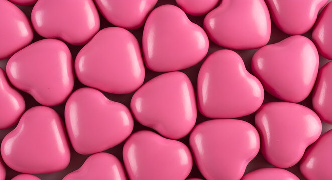 A collection of pink heart shaped objects are neatly arranged together.