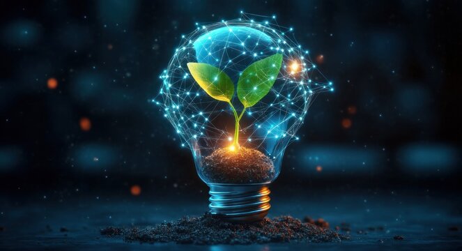 glowing light bulb with soil and a two-leaf green sprout encased in a luminous digital wireframe sphere, futuristic hopeful scene with blue bokeh and warm orange lights