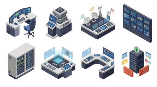 Isometric Technology Server Room and Workstation Icons.