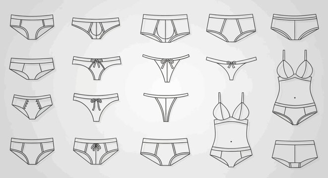 Collection of underwear line art sketches showing different styles of panties briefs and bras.