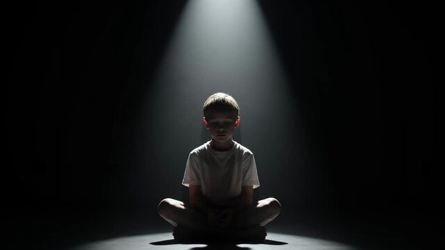 Lonely young boy sitting cross legged under a dramatic spotlight in a dark room
