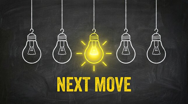 Illuminated light bulb symbolizing a brilliant idea or innovation stands out among unlit bulbs representing a breakthrough concept or the next strategic move in business strategy decision making